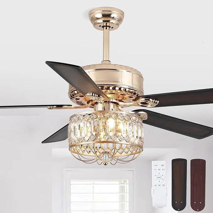 Kviflon 52" Farmhouse Ceiling Fan with Lights & Remote, Crystal Chandelier, Wood Blades, Quiet Motor, 6-Speed, Timer, Modern Lighting for Living Room, Bedroom, Dining Room, Chrome Finish