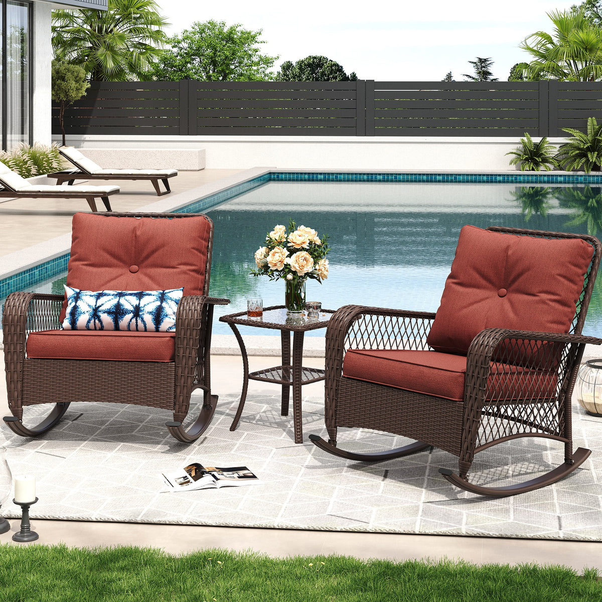ELPOSUN 3-Piece Outdoor Rocking Chairs, Wicker Patio Furniture with Thickened Cushions and Table for Porch