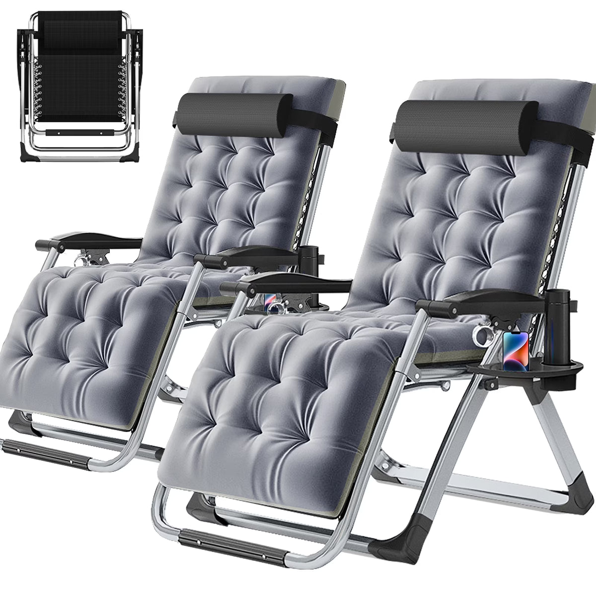 NAIZEA 2 Pack Zero Gravity Chair, Foldable Portable Lawn Recliner with Cushion, Headrest, Cup Holder, Black
