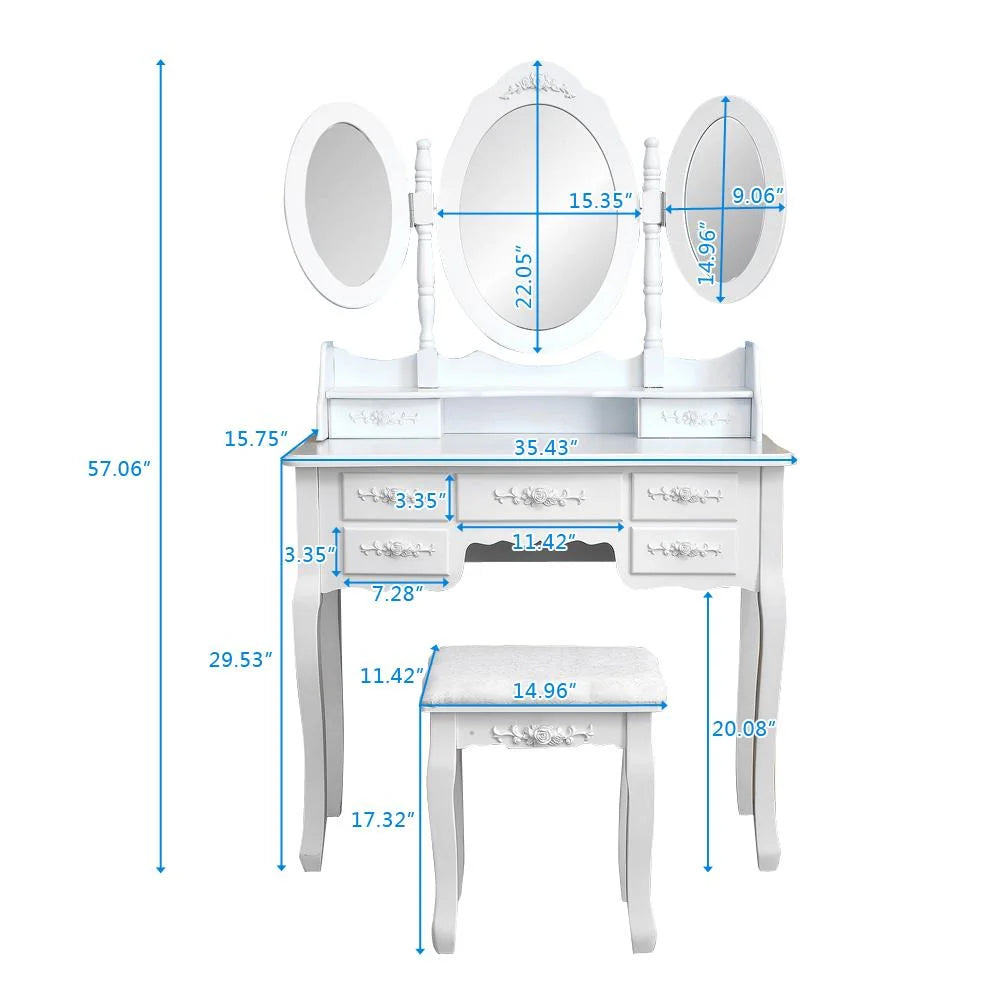 Ktaxon Vanity Set,Flip-top Mirror Dressing Table Makeup Vanity Table Writing Desk with 2 Drawers and Stool, White