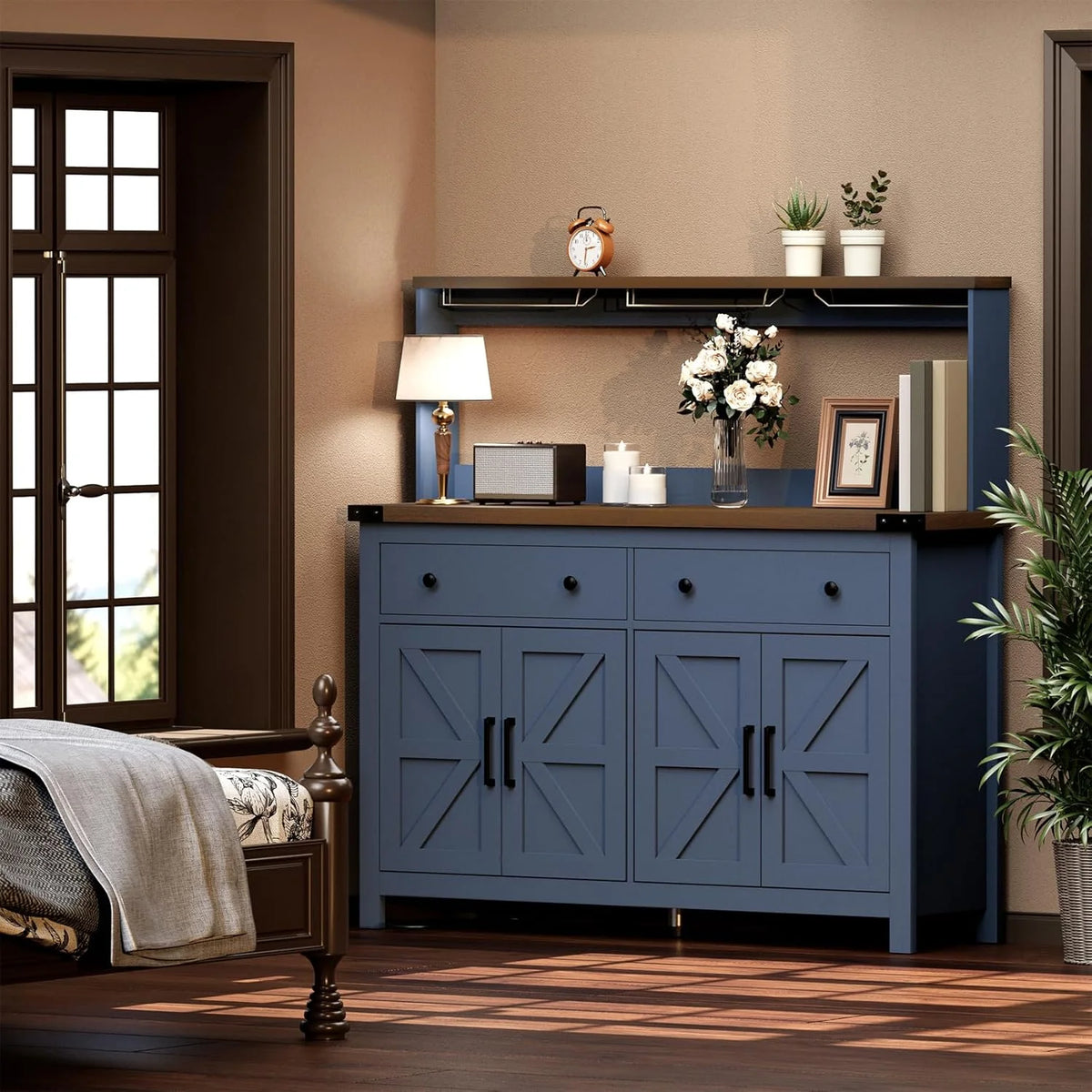 Winkalon Coffee Bar Cabinet with Hutch, 55" W Kitchen Buffet Sideboard Cabinet with 2 Drawers & USB Power Station, Black
