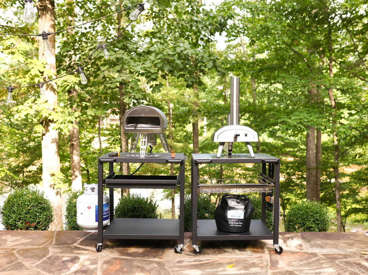 NUUK Three-Shelf Heavy Duty Rolling Outdoor Pizza Oven Table, 24" x 30" Steel Commercial Multifunctional Food Prep Worktable on Wheels