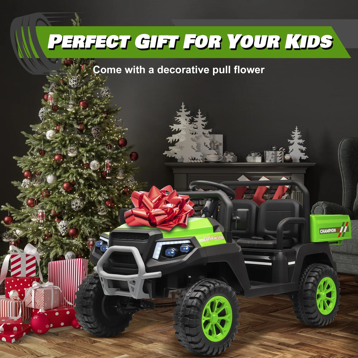 Joyracer 4WD 24 Volt Ride on Toys UTV with 2 Seater & Remote Control, Kids Electric Golf Cart w/ 4x200W Power Motors, Tiltable Trailer & Shovel, 4 Wheels Spring Suspension, Bluetooth USB Music, Black