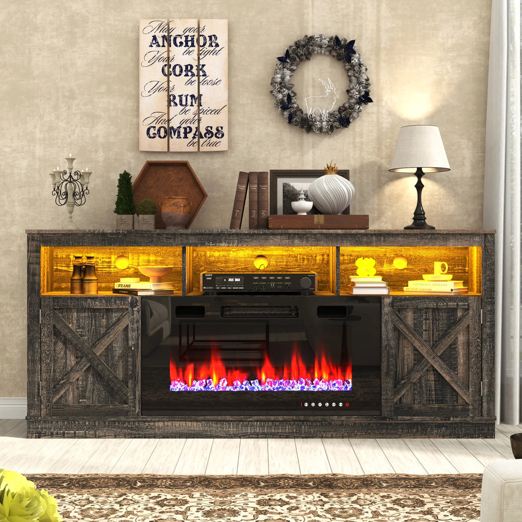 ChVans 70" Fireplace TV Stand for TVs up to 80" with 36" Electric Fireplace, Farmhouse Entertainment Center with LED, Wooden Media Console for Living Room, Bedroom
