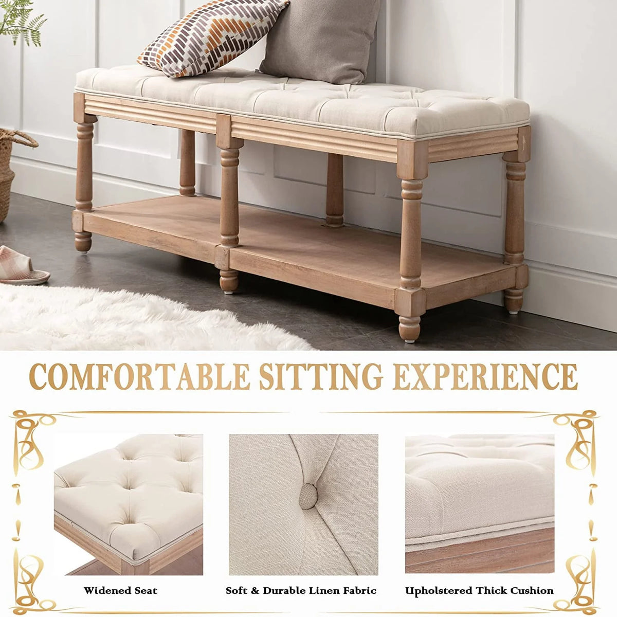 Bonzy Home Upholstered Tufted Storage Bench, 47”French Vintage Entryway Bench & Dining Bench, Fabric End of Bed Bench for Bedroom Living Room Hallway, Beige