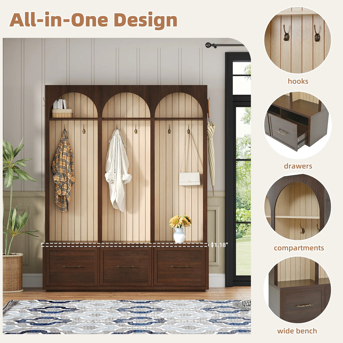 Euroco Farmhouse Wooden Style Hall Tree with Arched Design, Elegant 59" Wide Entryway Bench with 8 Retro Hooks, Rustic Coat Rack & Shoe Organizer with 3 Drawers for Mudroom, Living Room, Dark Walnut