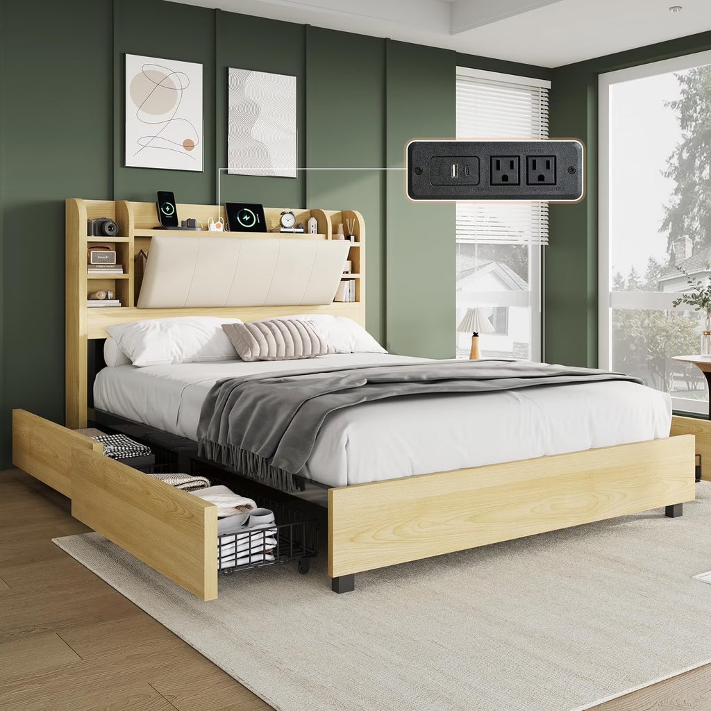 PLAUIN King Size Bed Frame with Storage Drawers, 47.2" Headboard and Wooden Platform, Grey