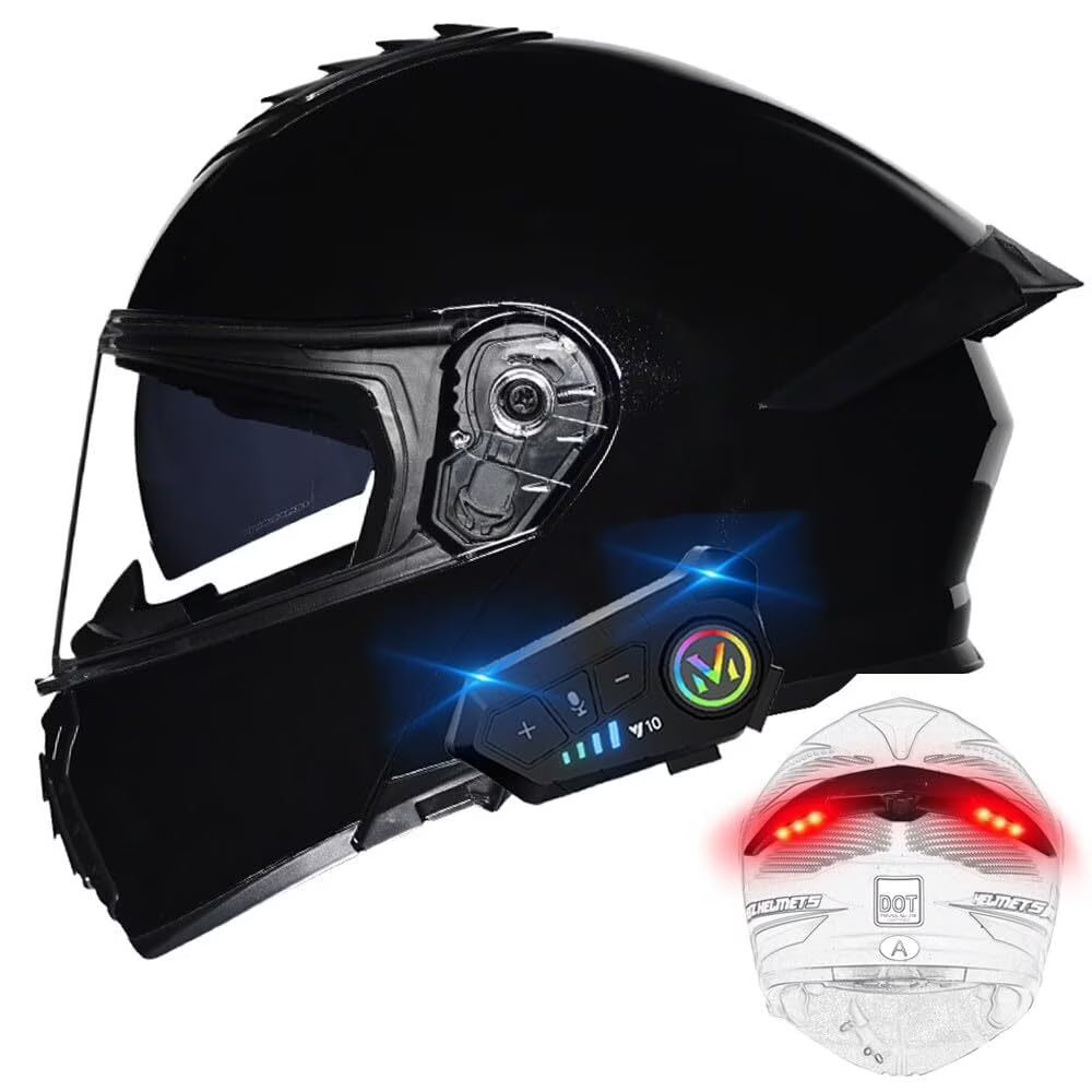 Bluetooth Modular Motorcycle Helmets with Tail Lights, DOT Approved Flip Up Full Face Dual Visor Motorcycle Helmet, with Dual Speakers and Microphone HA