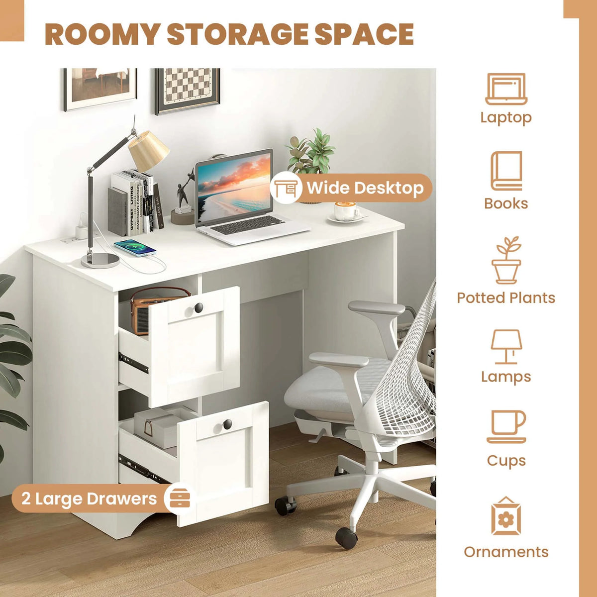 Costway 43" Home Office Desk with Charging Station Compact Study Writing Desk Walnut