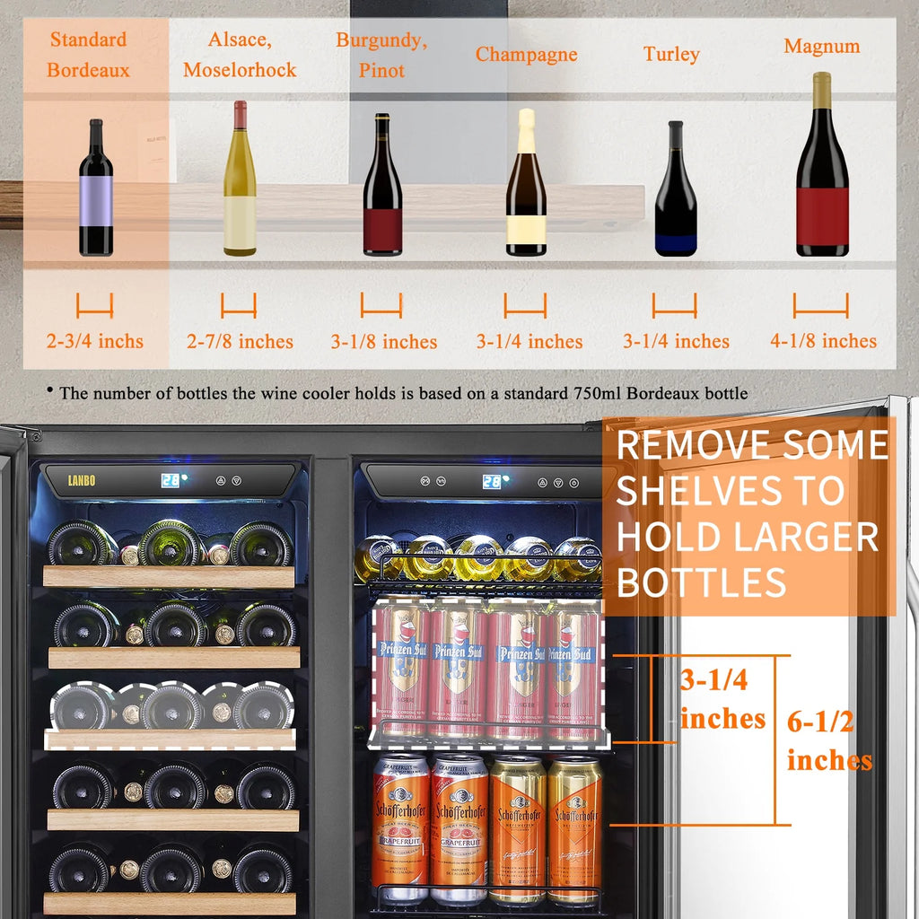 Lanbo 76 Can 31 Bottle Under Counter Dual Zone Wine Refrigerator and Beverage Cooler 30 inch Width