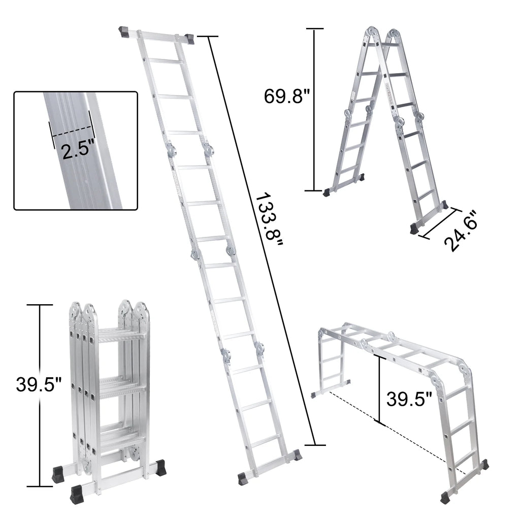 BETISEF 12.5ft 7 in 1 Multi-Purpose Ladder, Folding Aluminium Extension Ladder w/Anti-Slip Feet, EN 131 Standard 330LB Capacity
