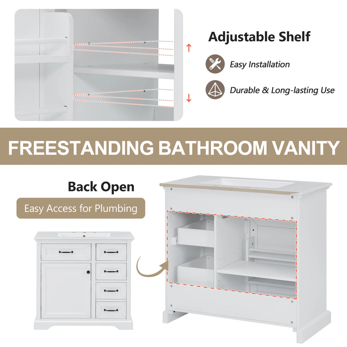 Christopher Knight Home 36" Bathroom Vanity with Sink, Tip-out Drawers, Soft-Close Doors, Grey