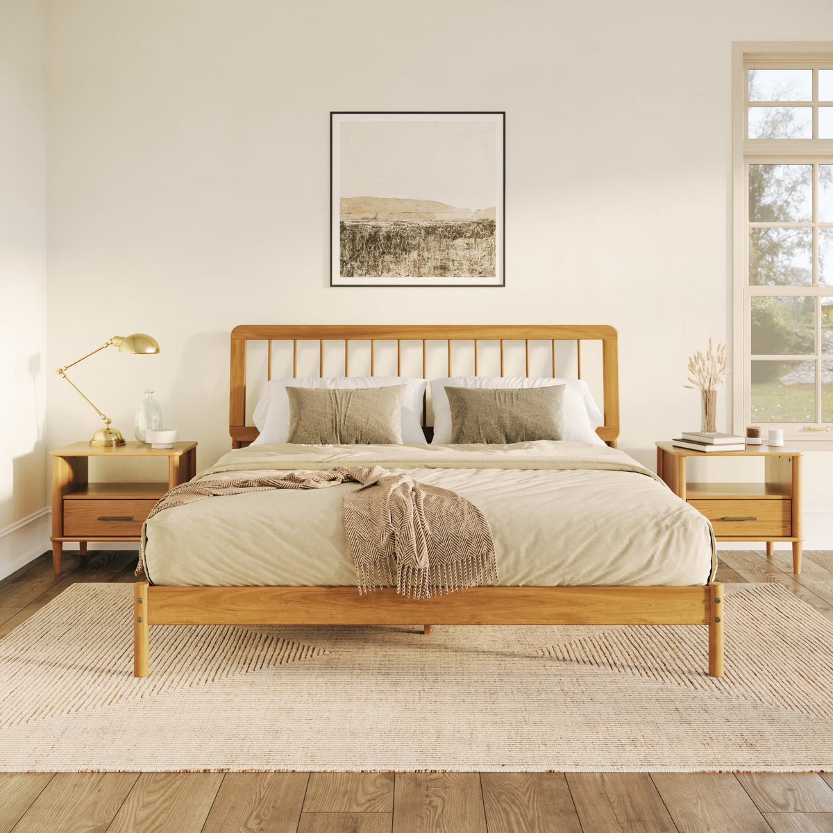Walker Edison Mid-Century Modern Slatted Solid Wood Queen Bedframe, Natural Pine