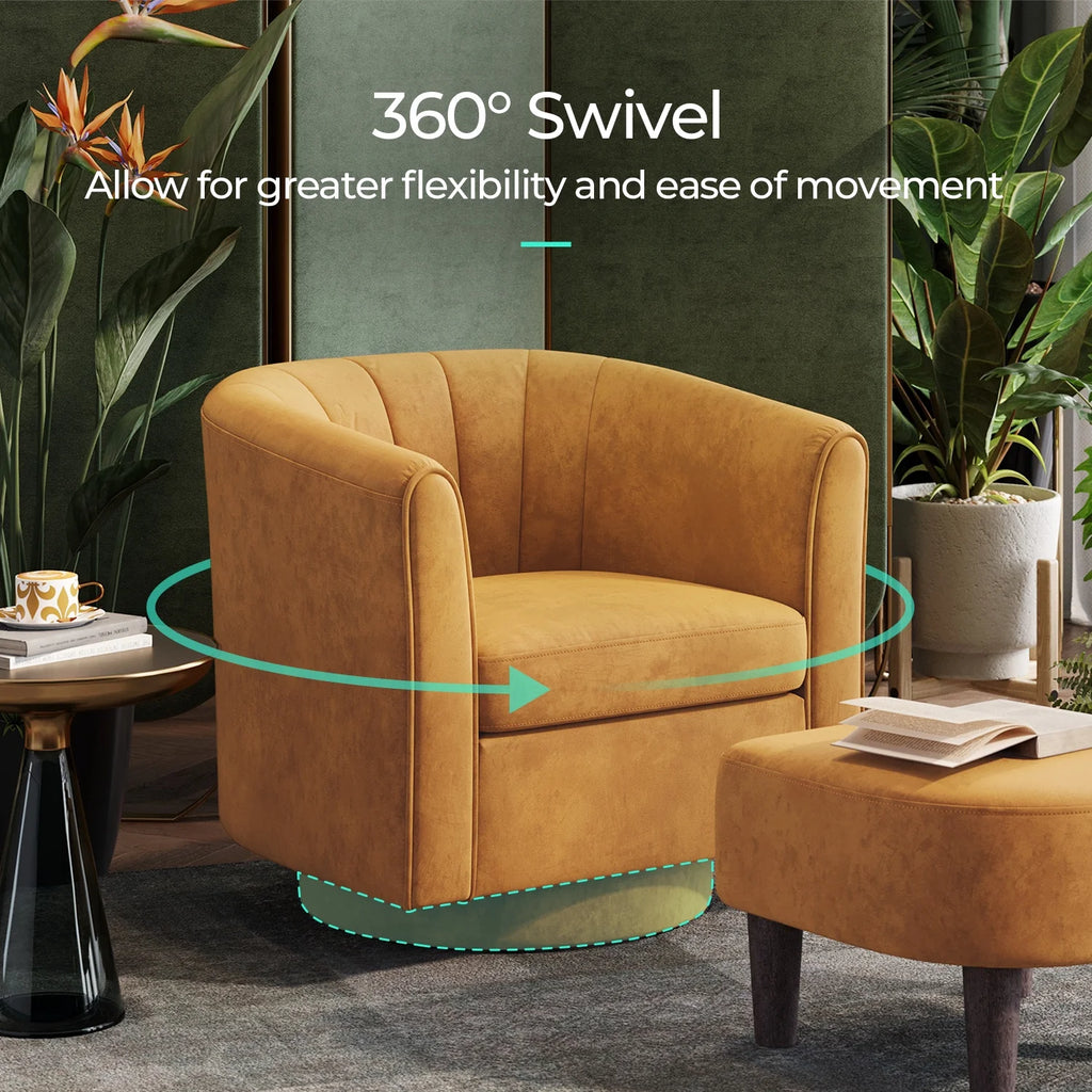 LINSY HOME Swivel Accent Chair with Ottoman, Velvet Barrel Chair for Living Room, Blue