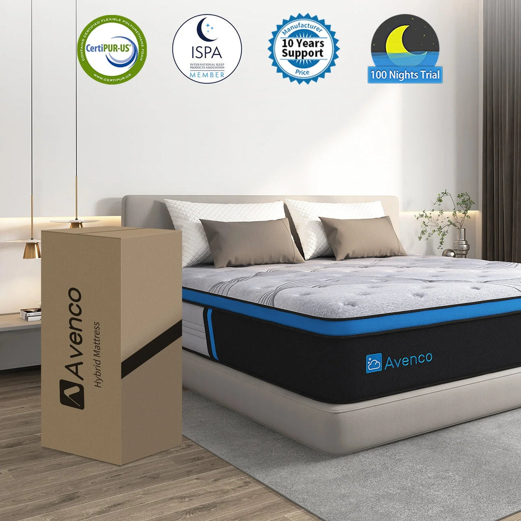 Queen Size Firm, 12-Inch Hybrid Mattress in a Box, Innerspring and Gel Memory Foam, Gray, Pillow Top