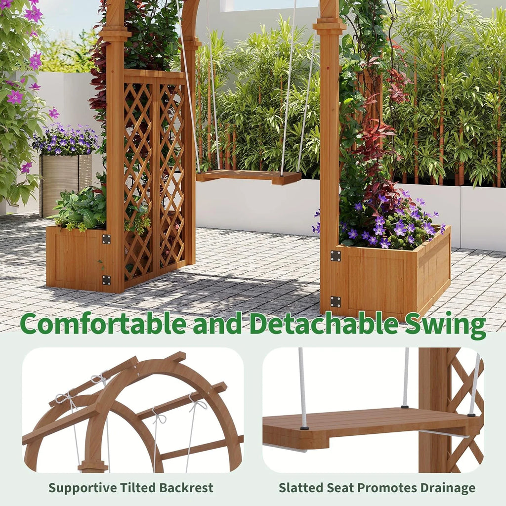 Wooden Garden Arbor with Planter&Swing,Outdoor Arbor Trellis for Climbing Plants, Roses, Vines, Outside Pergola Planter, Garden Arch for Lawn Backyard Wedding Ceremony Bridal Party