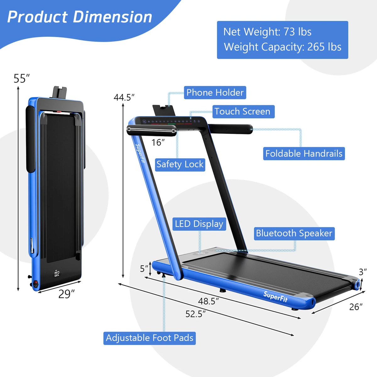 SuperFit Up To 7.5MPH 2.25HP 2 in 1 Dual Display Screen Treadmill Jogging Machine W/APP Control Silver