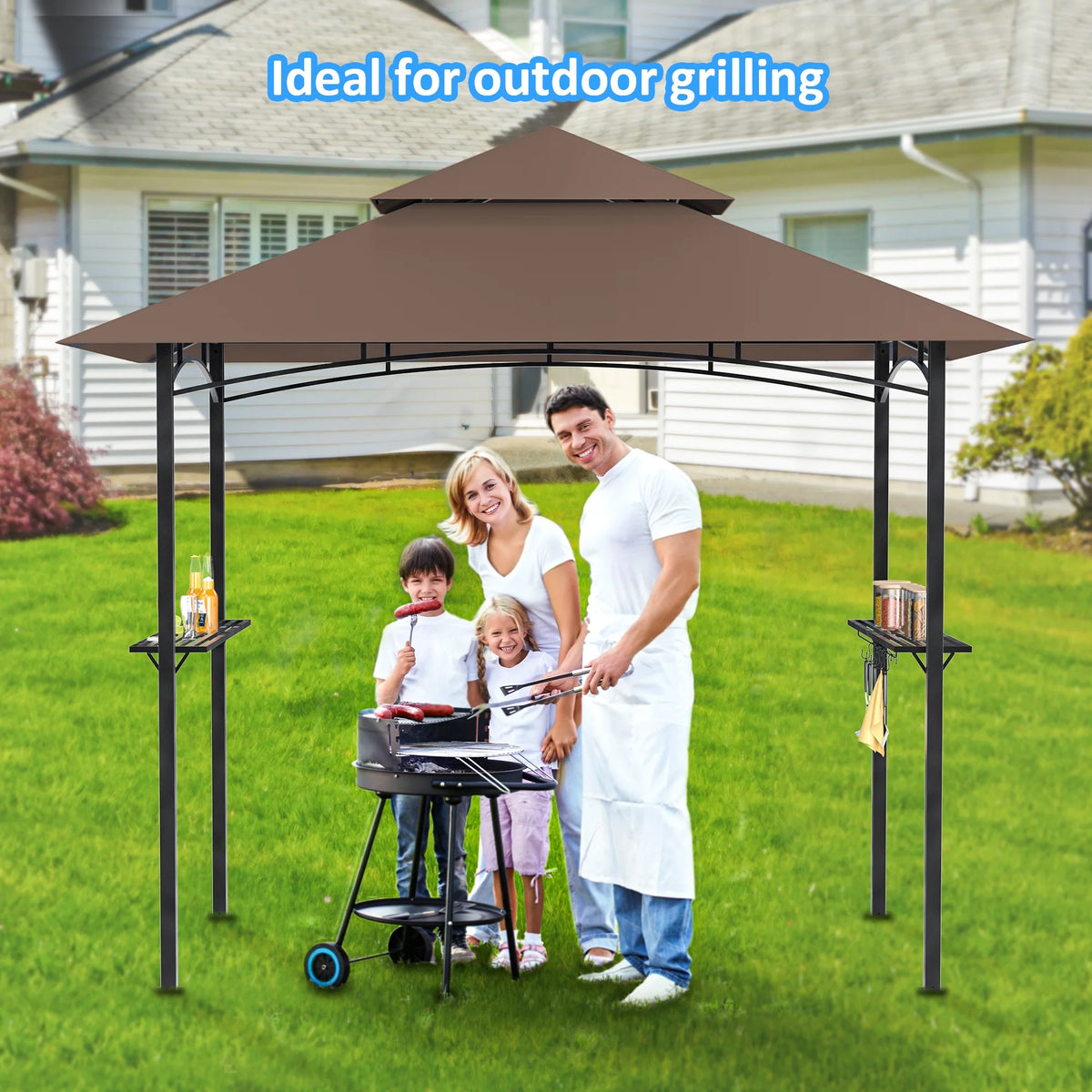 GVDV 8'x 5' Grill Gazebo Canopy, Outdoor BBQ Gazebo Shelter with 2 Side Shelves & Double-Tiered Top