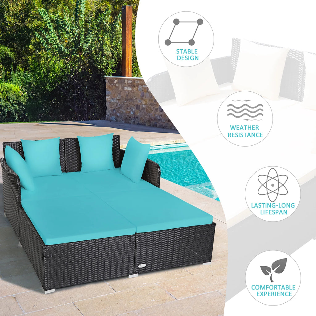 Costway Outdoor Patio Rattan Daybed Pillows Cushioned Sofa Furniture Beige