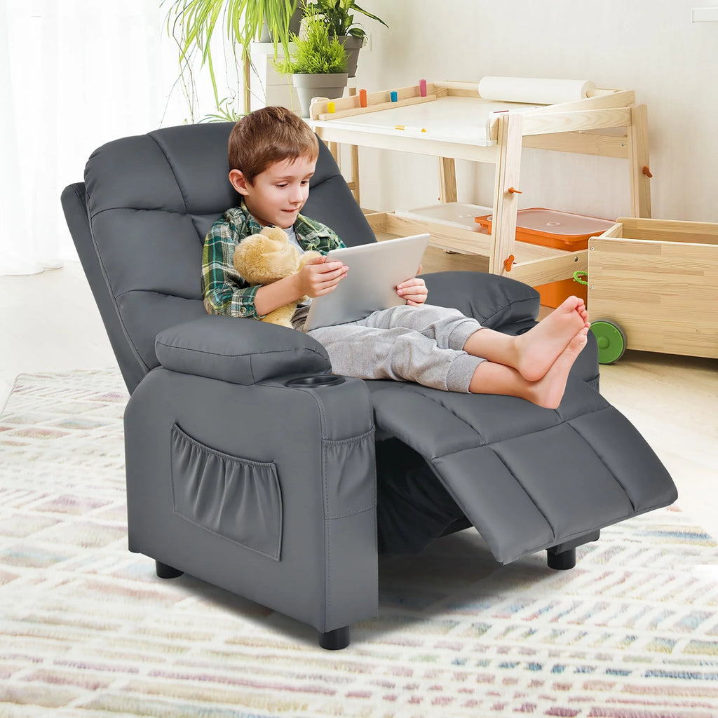 Costway Kids Youth Recliner Chair PU Leather w/Cup Holders & Side Pockets Grey
