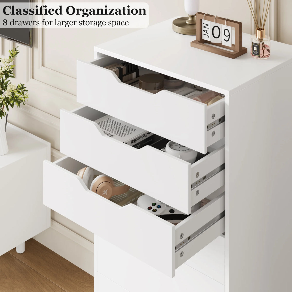 Homfa Vertical 8 Drawer Dresser, 44.5����H Modern Drawers Dresser for Bedroom Living Room, White