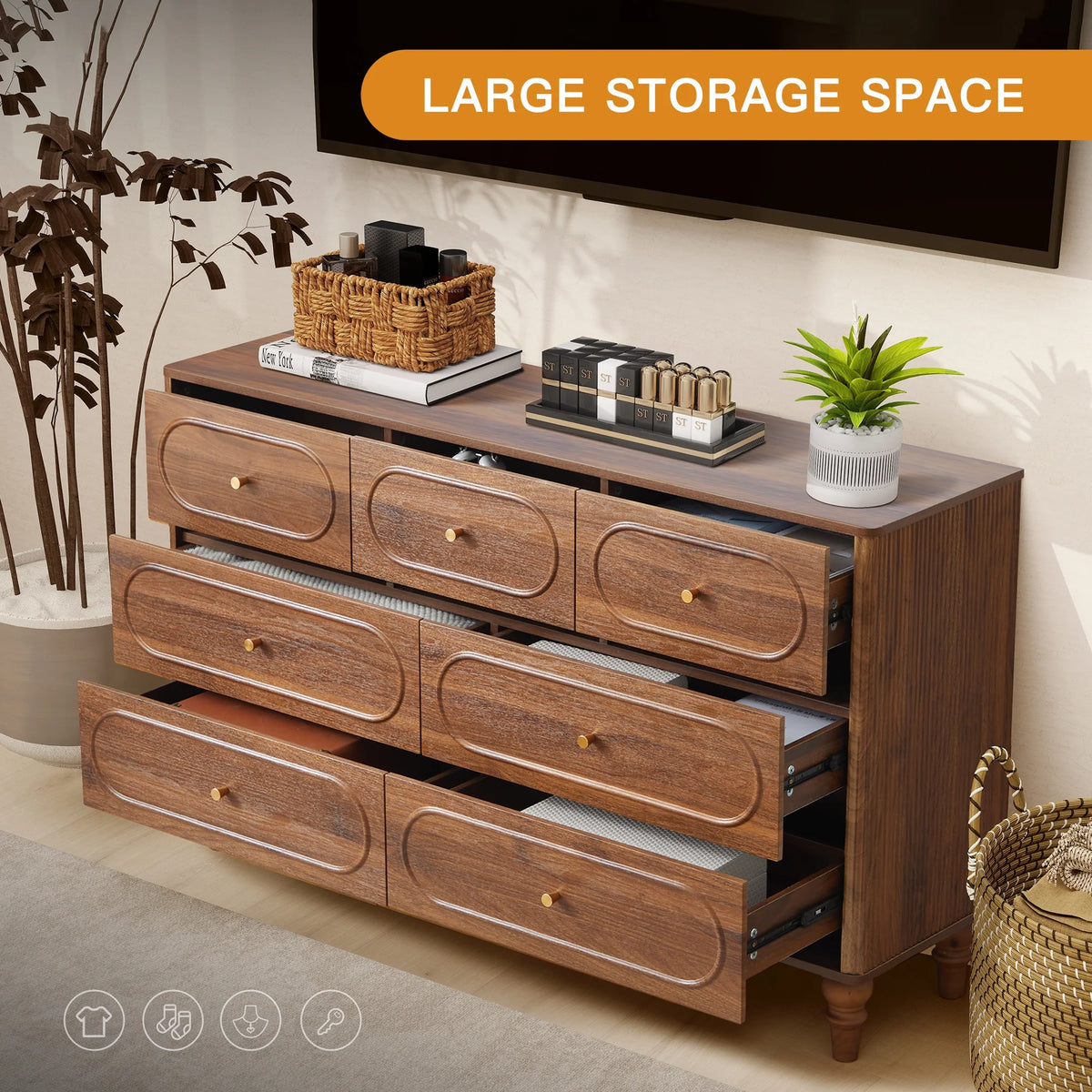 YOCWO 3 Drawer Nightstand, Classic Chest of Drawers with Arc Edge, Walnut
