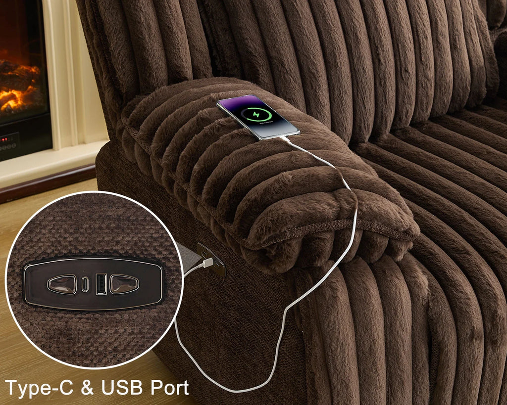 Power Reclining Sectional Sofa with Wireless Charger,6-Seater Faux Fur Sectional with Recliners,Hidden Cup Holders,Storage Console,USB & Type-C Ports,Black