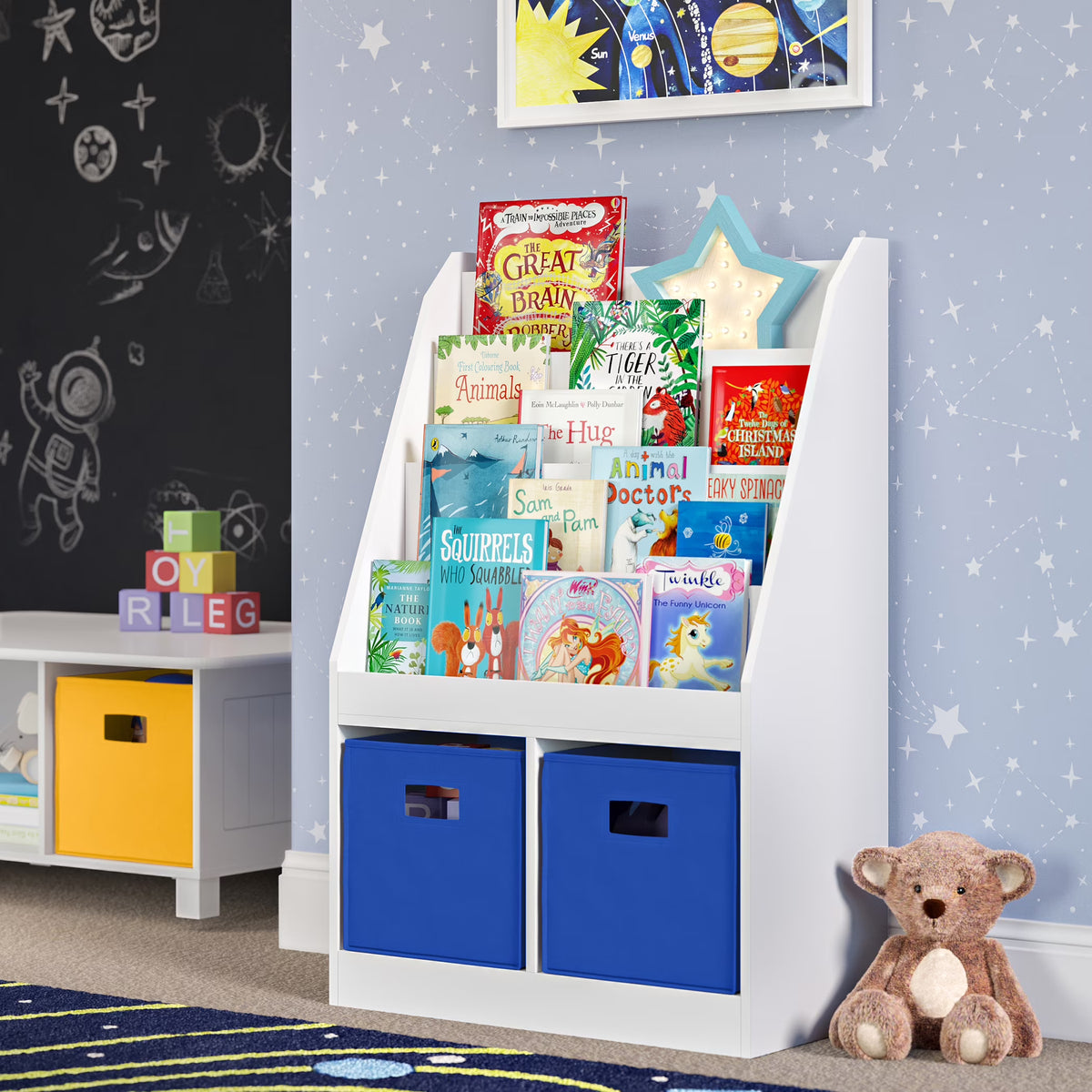 RiverRidge Kid Bookshelf Toy Storage Organizer with 4 Bookracks 2 Cubbies and 2 Gray Bins