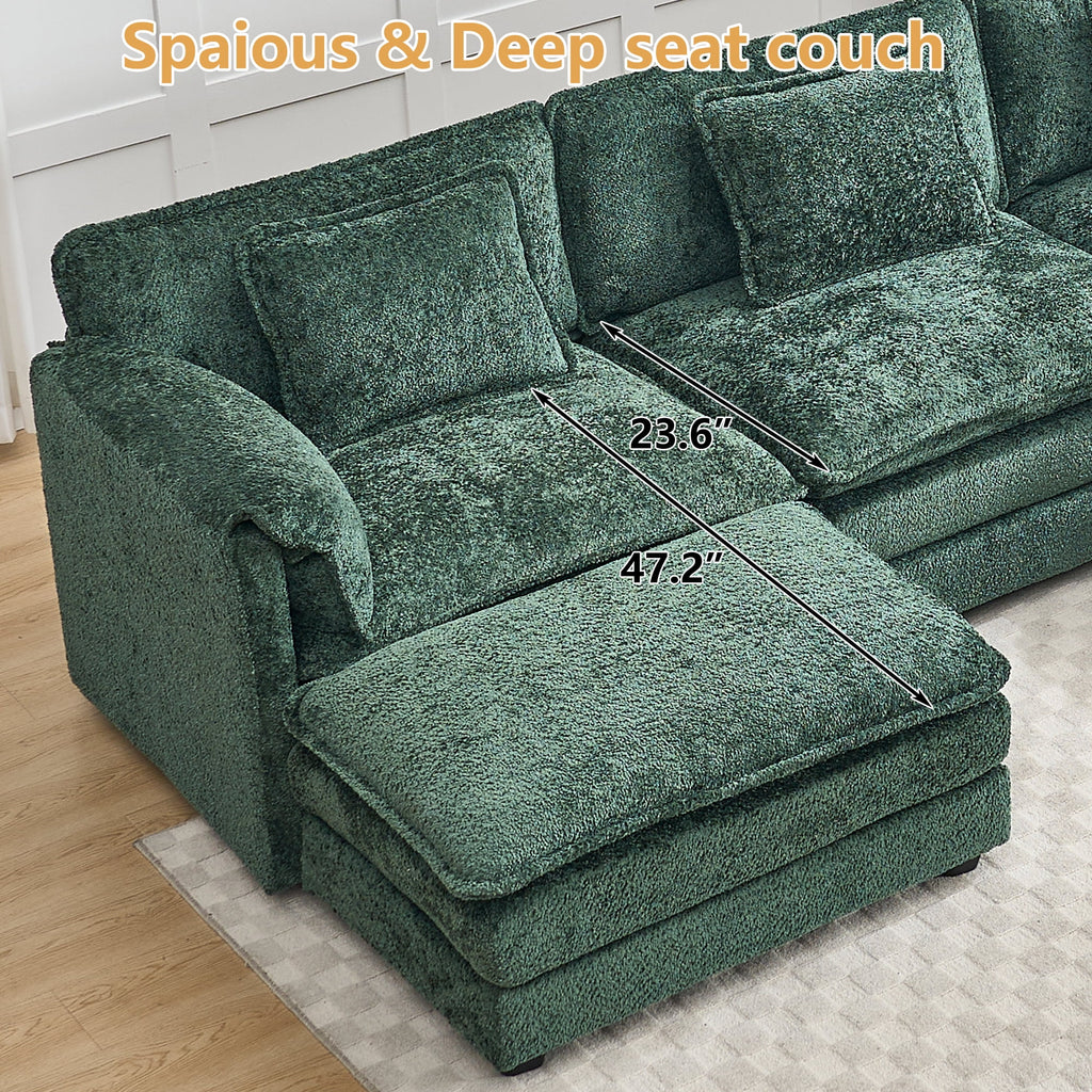 GNIXUU 112" Oversized Sectional Sofa Cloud Couch for Living Room, Modern Chenille L Shaped Couch, Comfy Boucle Modular Sofa Sleeper with Moveable Ottoman & Memory Foam (Green)