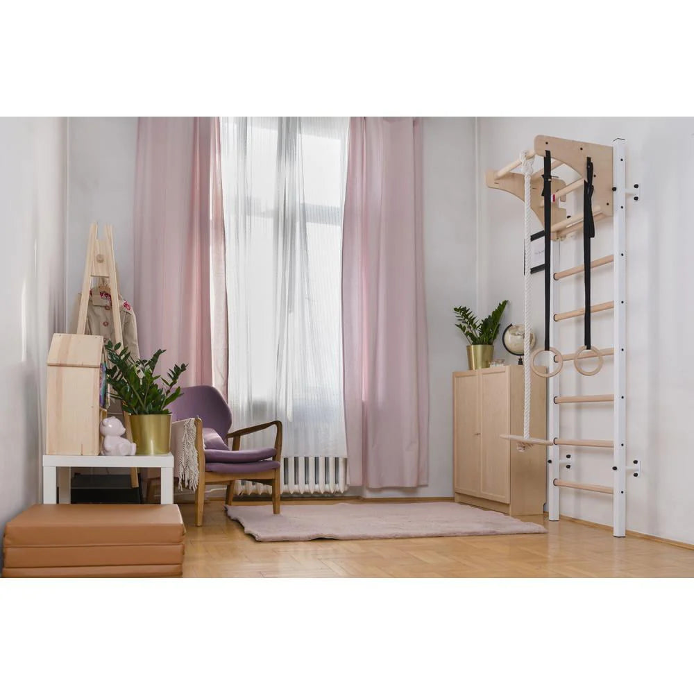BenchK 211W + A204 White Wall bars for kids room with adjustable beech wood pull-up bar and gymnastic accessories