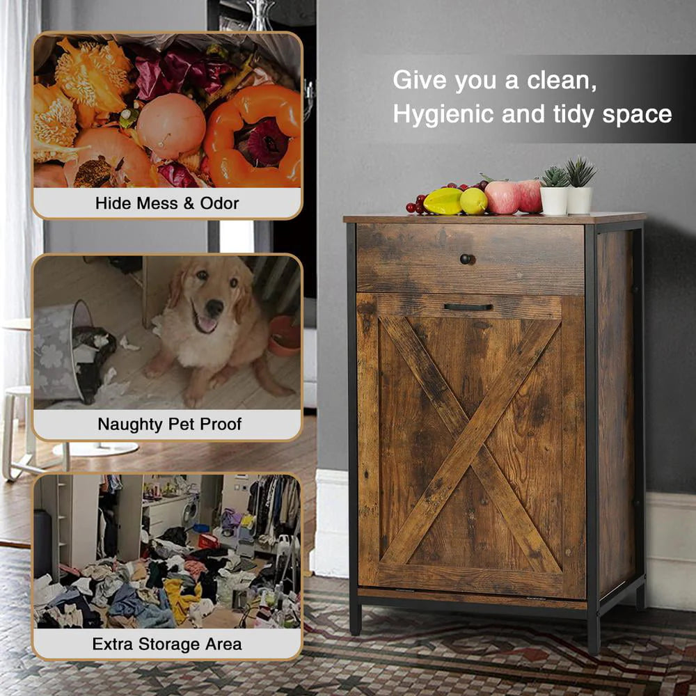 Eclife 10 Gallons Tilt Out Trash Cabinet Freestanding Floor Rustic Solid Wood Barn Door and Storage Drawer Kitchen Island