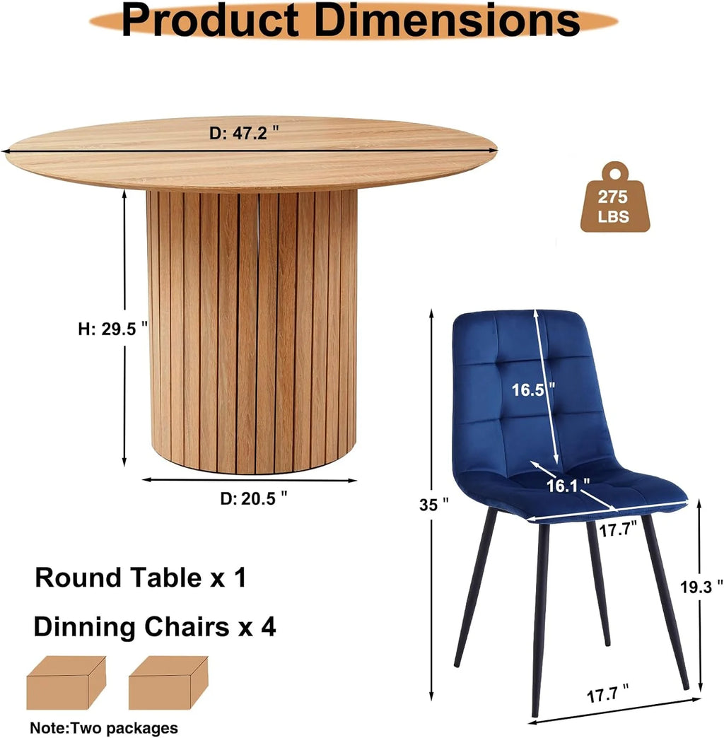 5 Piece Round Dining Table Set - Mid-Century 47 inch Oak Dining Table with 4 Brown Faux Leather Chairs Set, Dinner Table & Chair with Metal Legs for Kitchen Dining Room, Apartment, Bedroom