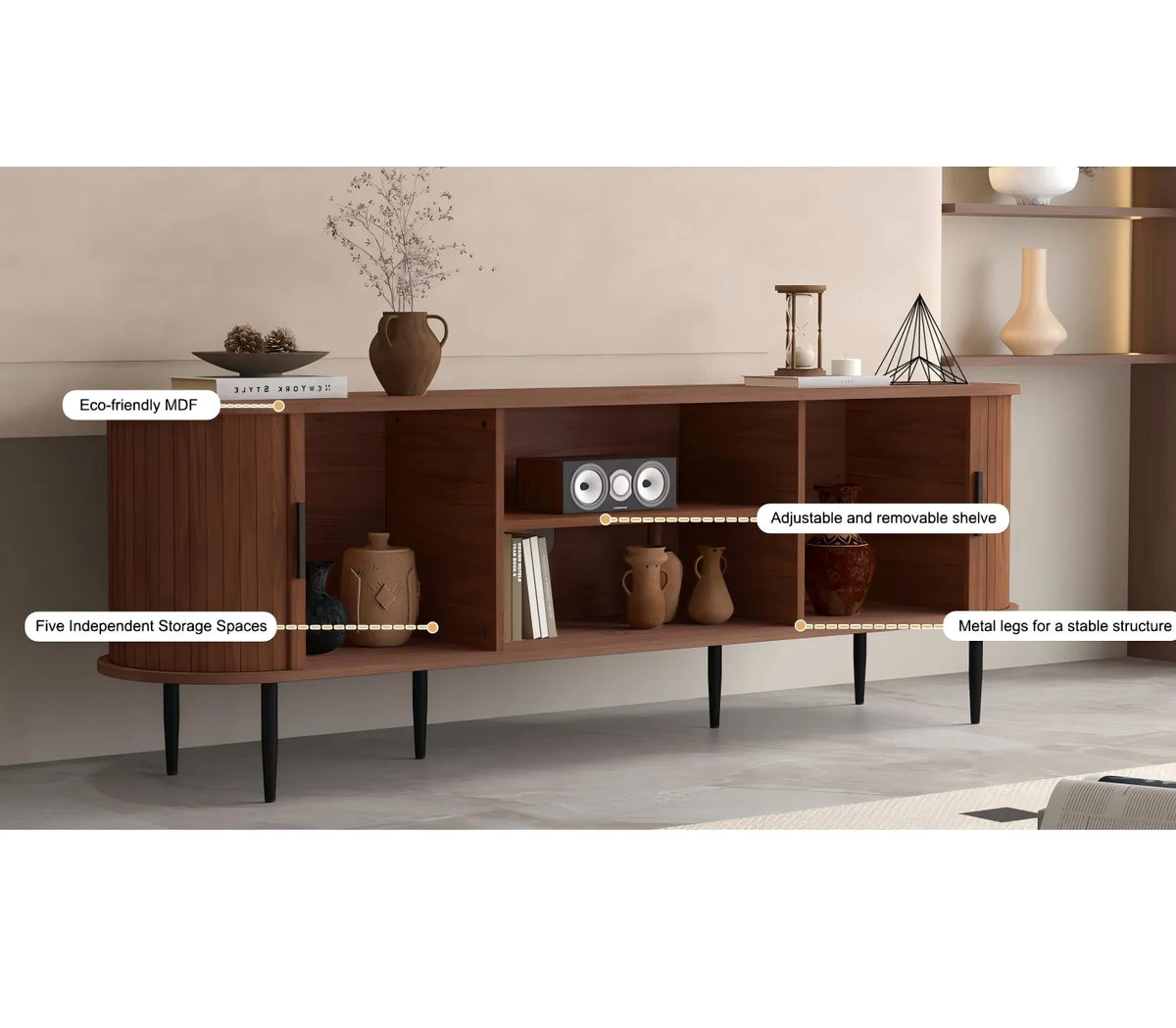 HLR 70" Mid Century TV Stand With Tambour Door For TVs Up To 80", Entertainment Center With Storage, Brown