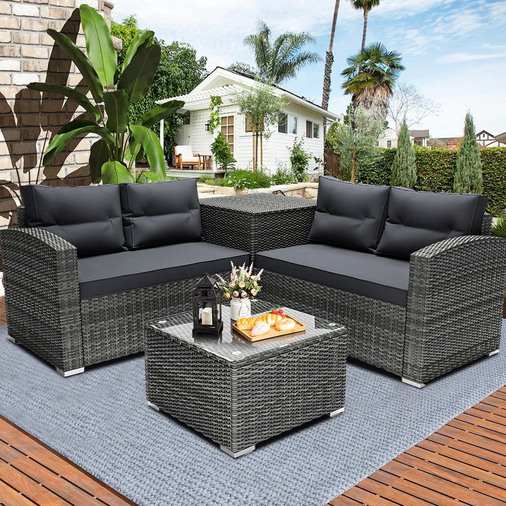 SEGMART 4 Piece Patio Furniture Set, All-Weather Outdoor Sectional Sofa Set, PE Rattan Conversation Set with Storage Box, Table & Cushions, Wicker Furniture Couch Set for Patio Deck Garden
