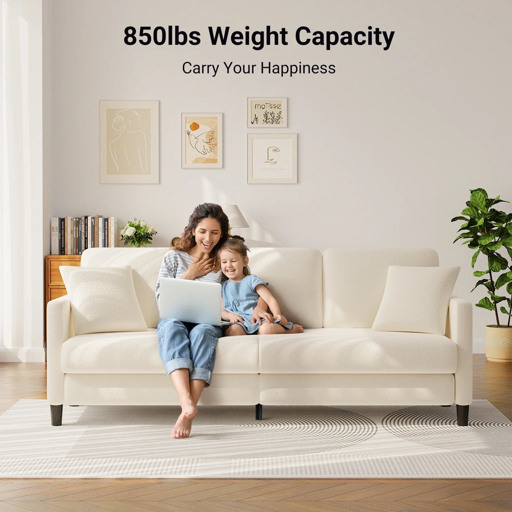 83" Comfortable Upholstered Sofa, 3 Seater Couch for Living Room, Neche Big Loveseat with Extra Deep Seats , 2 Pillows, Beige White