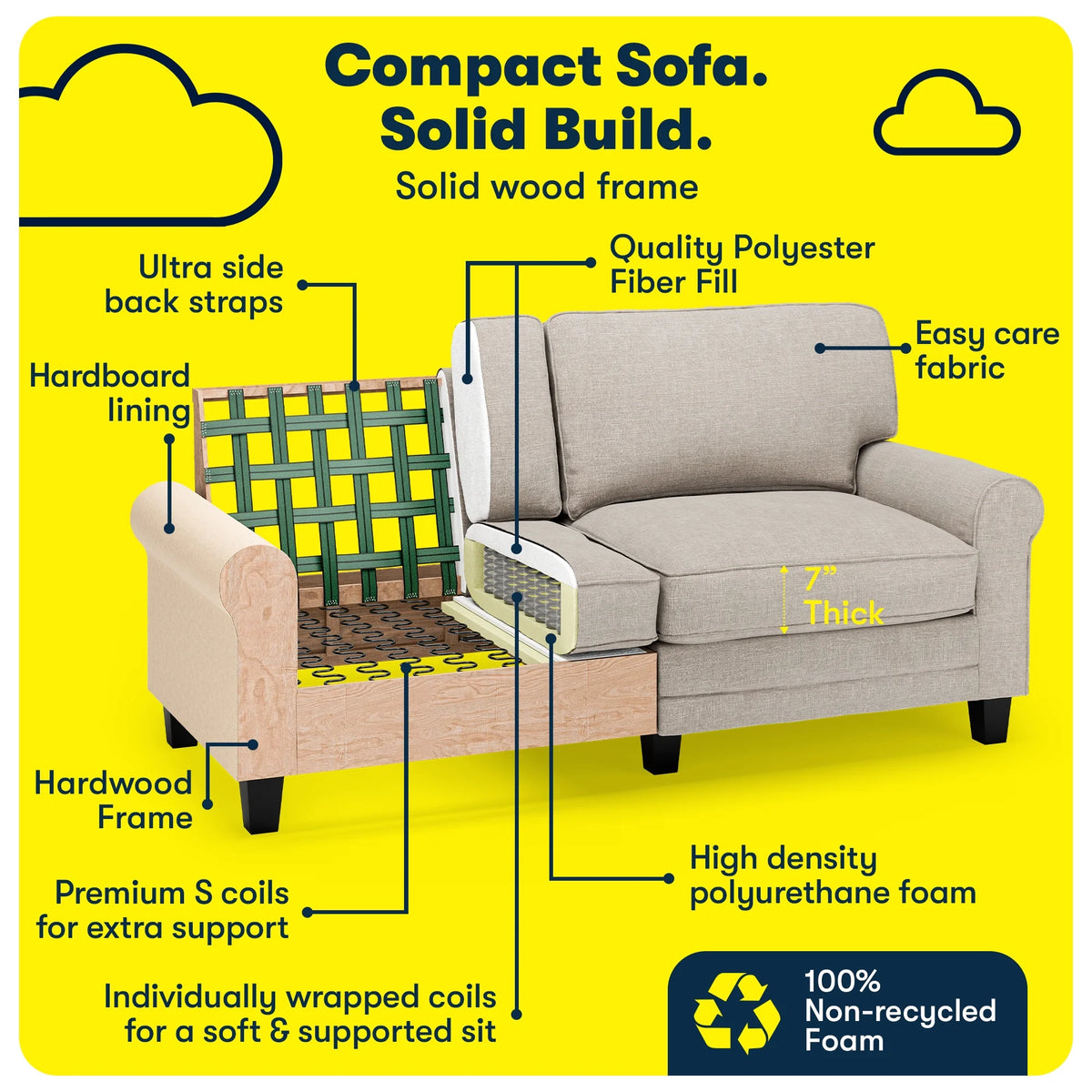 Serta Copenhagen 73" Rolled Arm Sofa with Removable Covers Light Gray