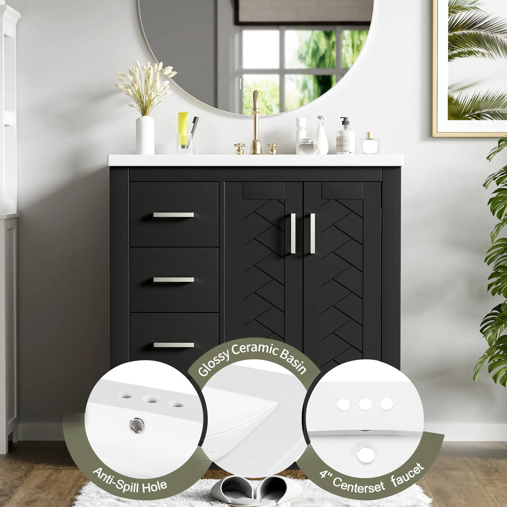 ENSHUI 30-Inch Bathroom Vanity with Ceramic Sink Combo, Solid Wood Frame, 4 Drawers, Soft Closing Doors, Green