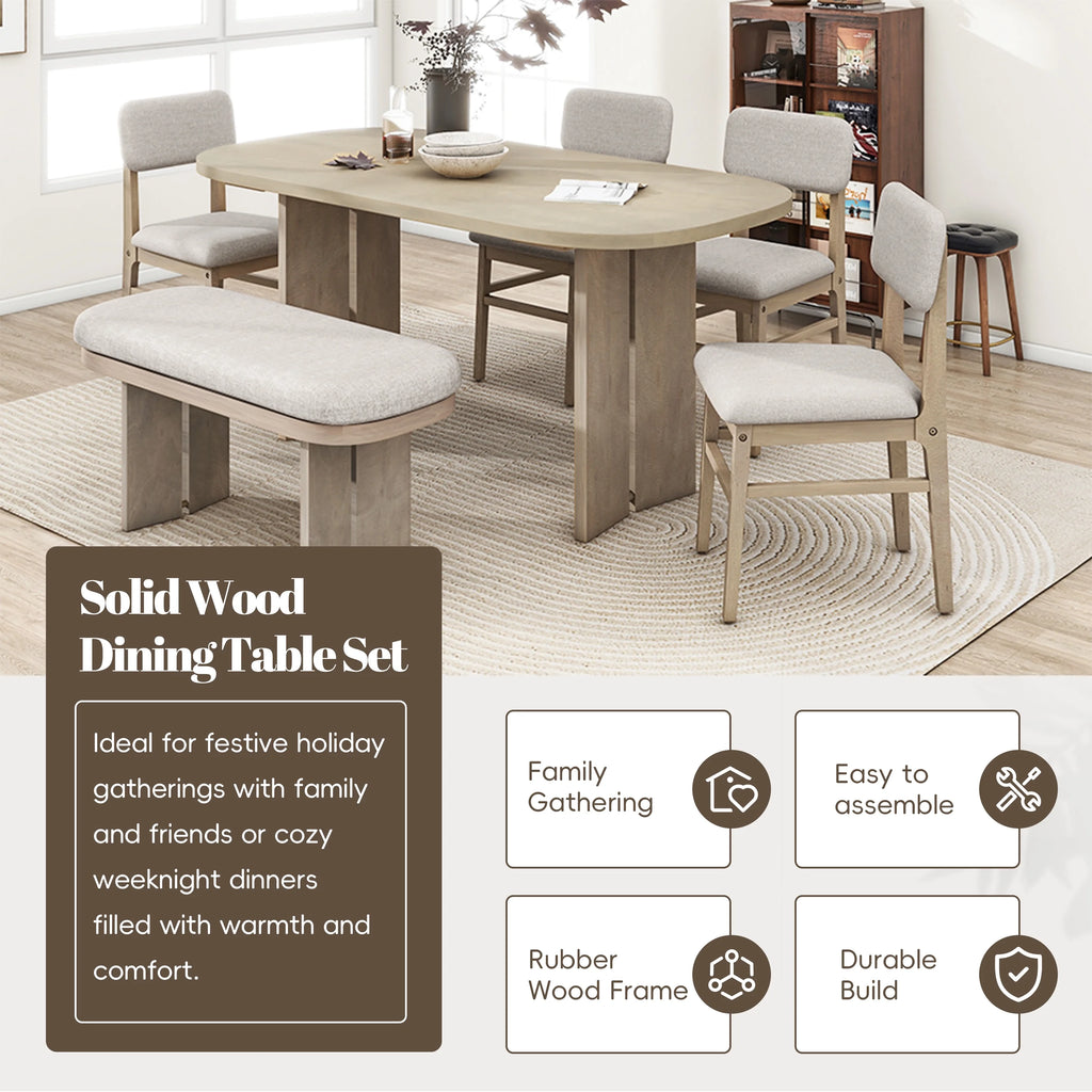 EUROCO 6-Piece Dining Table Set for 6, Rectangular Kitchen Table Set with Wood Frame, 4 Chairs and 1 Bench for Kitchen Dining Room Office,Natural
