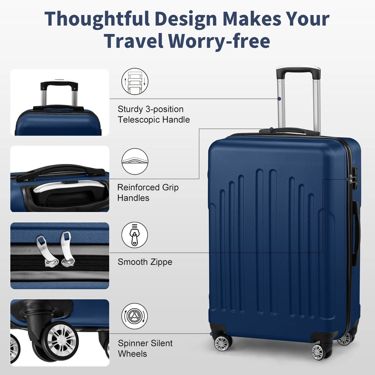 Zimtown 3 Piece Nested Spinner Suitcase Luggage Set With TSA Lock Royal Blue