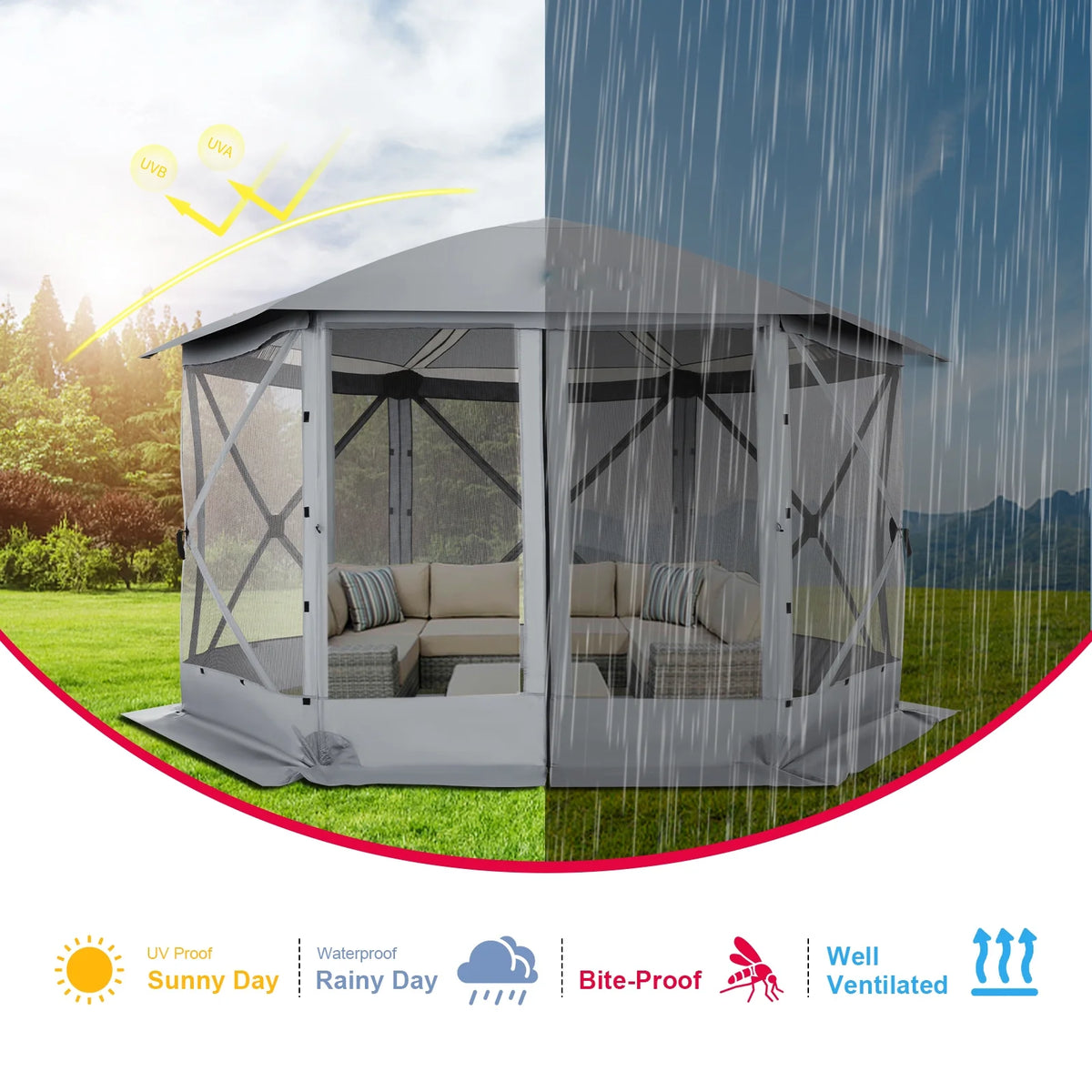HOTEEL 12x12 Portable Pop-Up Outdoor Camping Gazebo, Screen Tent with Mosquito Nettings, Waterproof, UV, Bite Proof, Removable top Glamping Canopy with Carry Bag, Gray