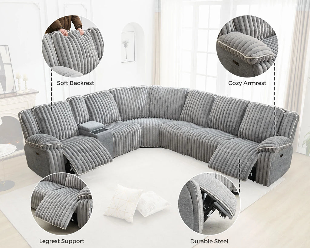 Power Reclining Sectional Sofa with Wireless Charger,6-Seater Faux Fur Sectional with Recliners,Hidden Cup Holders,Storage Console,USB & Type-C Ports,Black