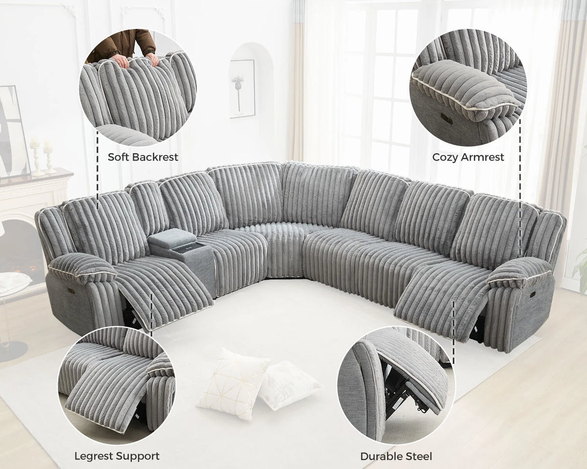 Power Reclining Sectional Sofa with Wireless Charger,6-Seater Faux Fur Sectional with Recliners,Hidden Cup Holders,Storage Console,USB & Type-C Ports,Black
