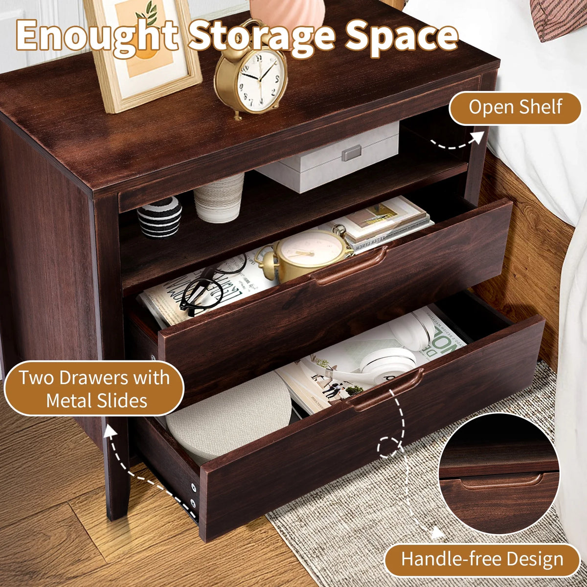 UBesGoo Nightstand 2 Drawer Dresser Side Table, Soild wood & MDF with Solid Wood Veneer, Brown