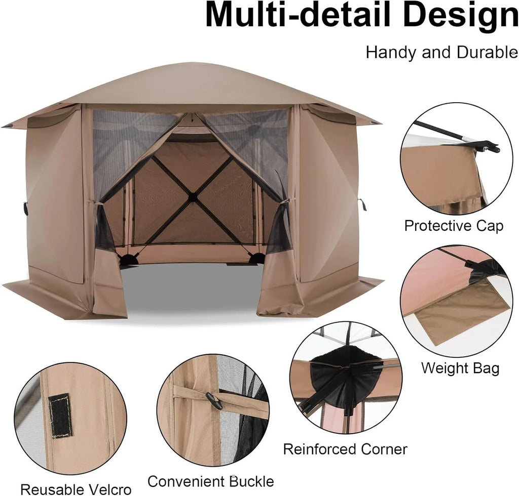 COBIZI 12'x12' Pop-up Gazebo Outdoor Camping Tent with 6 Sides Mosquito Netting, Waterproof, UV Resistant, Portable Screen House Room, Easy Set-up Party Tent with Carry bag, Ground Spike, Brown