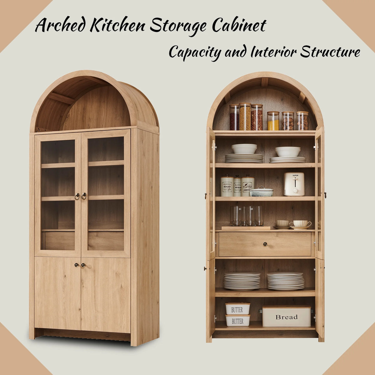 SinCiDo Arched Kitchen Pantry Storage Cabinet, 71-Inch Tall Wood Adjustable Shelves, 2 Doors, 2 Drawers