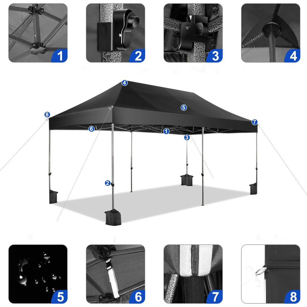 COBIZI 10x20 Heavy Duty Pop up Canopy Tent with 6 sidewalls Easy Up Commercial Outdoor Canopy Wedding Party Tent for Beach All Season Wind & Waterproof Gazebo with Roller Bag,Black(Frame Thickened)
