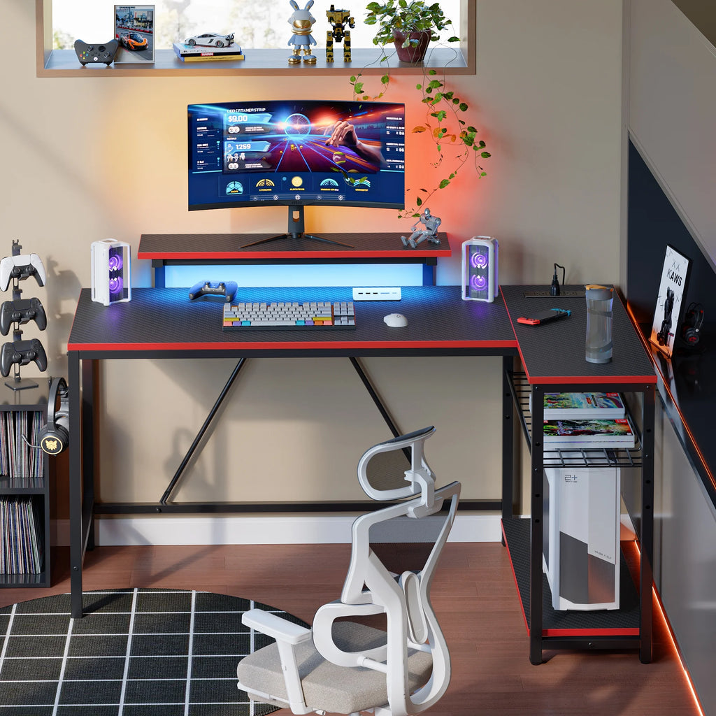 Bestier 52" Gaming Desk with LED Lights L Shaped Desk with Power Outlet & Monitor Stand Corner Computer Desk in Carbon Fiber