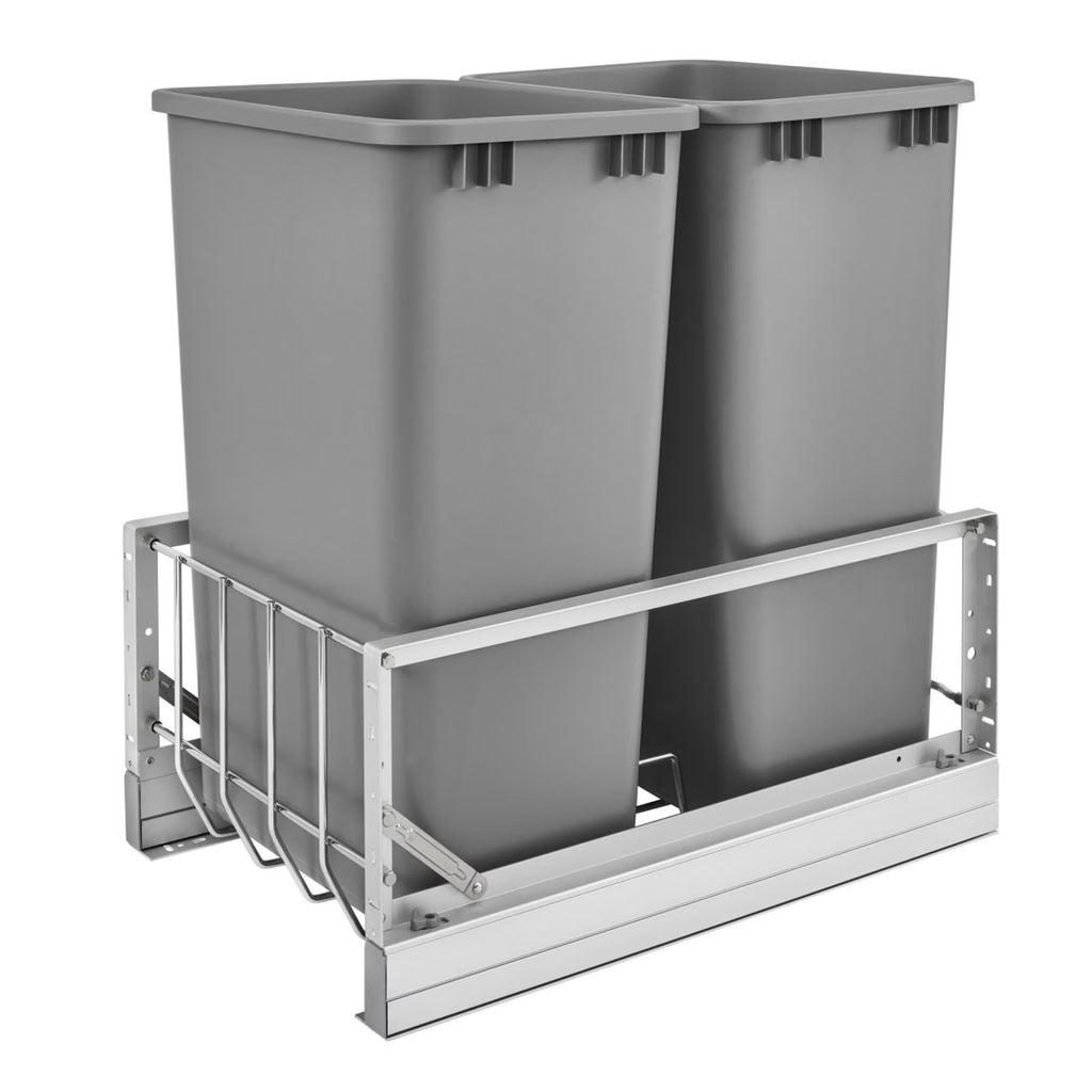 Rev-A-Shelf Double 50 Quart Pullout Cabinet Waste Container Trash Can, Gray