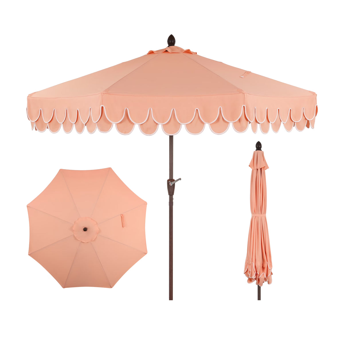 JONATHAN Y Tracy 9 ft. Market Patio Umbrella, Classic Mid-Century Scalloped Fringe, with Auto-Tilt Crank, Wind Vent and UV Protection, Coral Pink/White, Dark Brown Pole