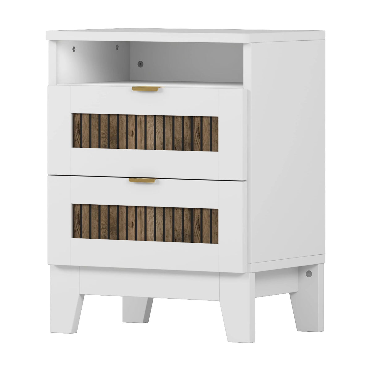 4-Pieces Bedroom Sets, Queen Size Farmhouse Platform Bed with Wooden Strip Stickers Decoration, Storage Nightstand and Dresser with Metal Handle, White